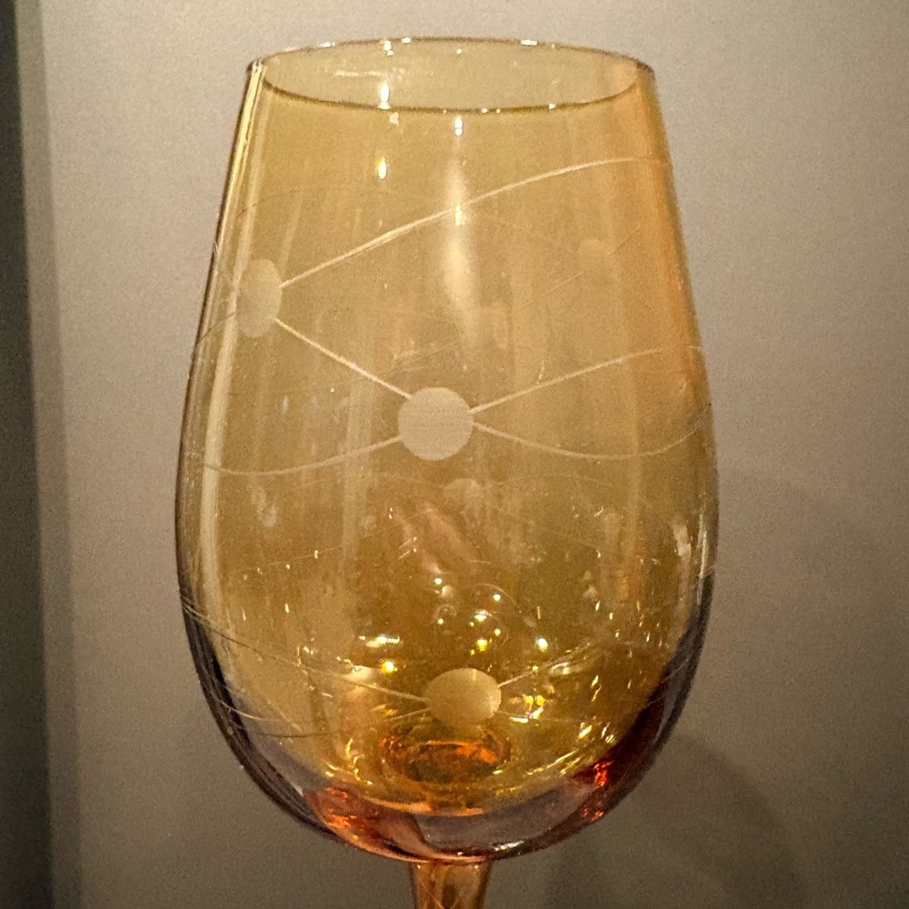 Vintage MCM Eisch Pirouette Amber Glasses, Air Twist Space Age Orbital Pattern 4